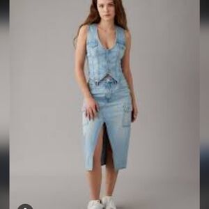 New American Eagle Outfitters Blue High Rise Front Slit Denim Midi Skirt Sz 4